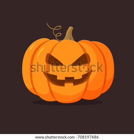Halloween pumpkin with happy face on dark background. Vector cartoon Illustration. Royalty-Free Stock Photo #708197686
