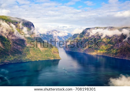 Aurlandfjord and Sognefjord from Stegastein viewpoint, Norway Royalty-Free Stock Photo #708198301