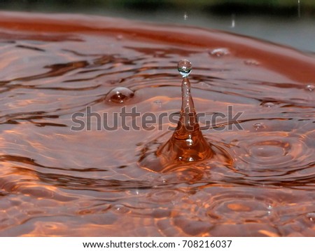 Water Droplet Falling into a Bird Bath - Photograph of a drop of rain water after it fell into a bird bath filled with water.  Selective focus on the water droplet. 