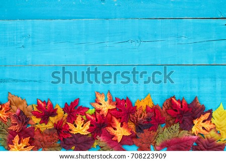 Colorful fall leaves border with blank antique rustic teal blue wood background; autumn, Thanksgiving, Halloween, seasonal nature sign with painted wooden copy space