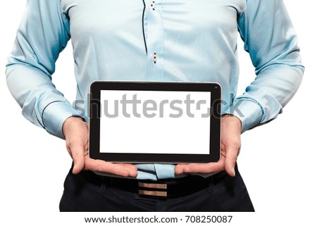 Businessman keep in hands black tablet with empty blank white screen isolated on white background. He wears blue shirt and red tie.