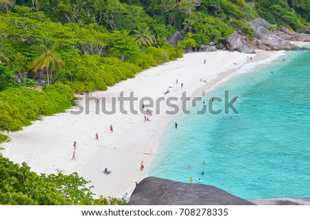 Beautiful white beach and blue sea at the top view of number 8 island of Similan island, are located in the Andaman Sea on the West Coast of Southern Thailand.