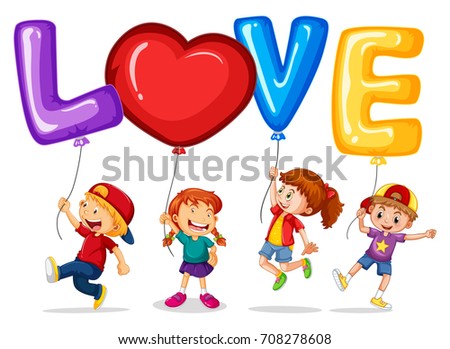 Happy children with balloons for word love illustration