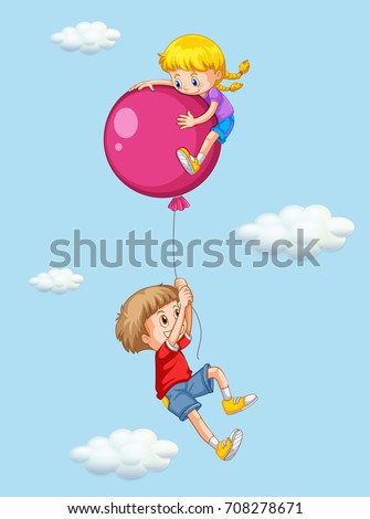 Boy and girl with pink balloon illustration