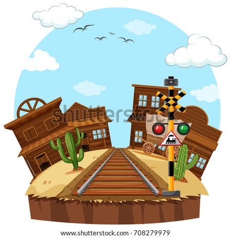 Railway track in the cowboy town illustration
