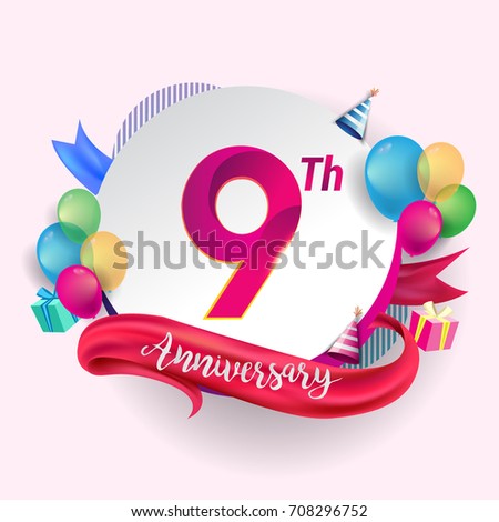 9th Anniversary logo with ribbon, balloon, and gift box isolated on circle object and colorful background