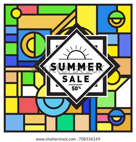 Summer sale memphis style web banner. Fashion and travel discount poster. Vector holiday Abstract colorful retro illustration with special offer and promotion.