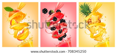 Set of labels of of fruit in juice splashes. Peach, strawberry, blackberry, pineapple. Vector. Royalty-Free Stock Photo #708345250