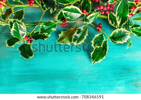 A Christmas background with holly leaves and berries on a vibrant blue texture with garland lights and copy space