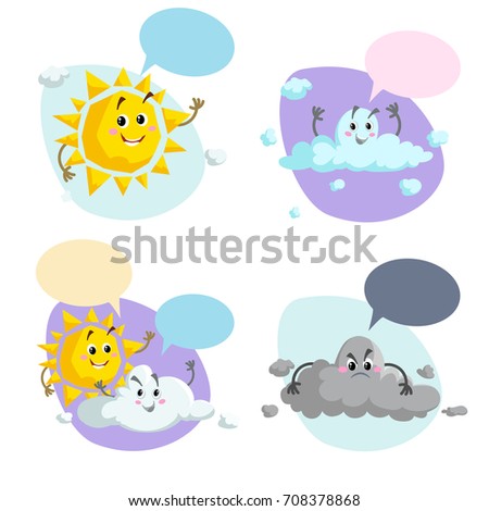 Cartoon weather characters set. Friendly sun, cloud and thunderstorm cloud. Speech bubbles. Vector climate icons collection.