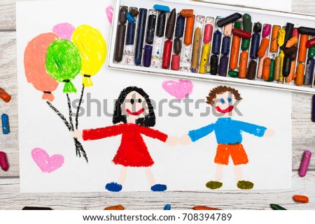 Photo of colorful drawing. Smiling couple