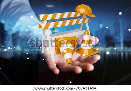 Businessman on blurred background using digital 3D rendering under construction signs
