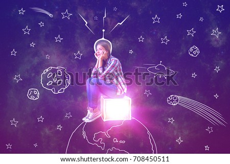 Abstract image of thoughtful young woman sitting on glowing box placed on abstract drawn planet in space. Imagination concept