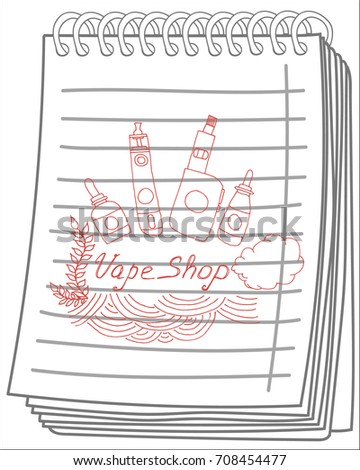 Vape icons set on notebook background. Vape and accessories for vape shop, e-cigarette store. Vector illustration.