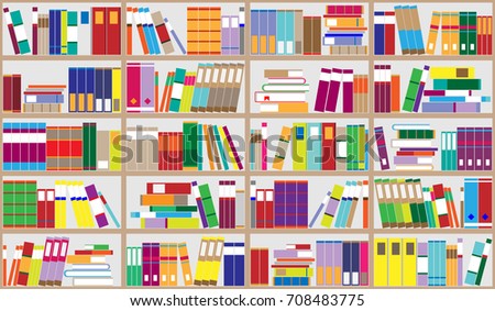 Bookshelf background. Shelves full of colorful books. Home library with books. Vector close up illustration. Cartoon Design Style.