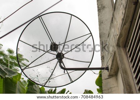 C-band satellite dish on the building near tree and cable wire.