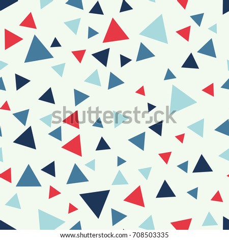Seamless abstract vector geometric pattern. Red, dark blue and light blue triangles on white background. Random layout. Gift wrapping paper. Bed sheets and interior.