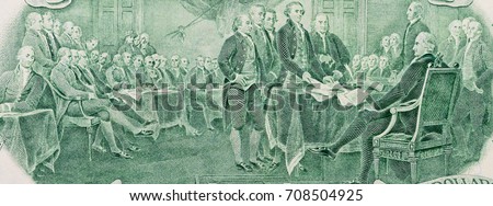 Close-up of signing declaration of independence on two dollar banknote. United States, macro Royalty-Free Stock Photo #708504925