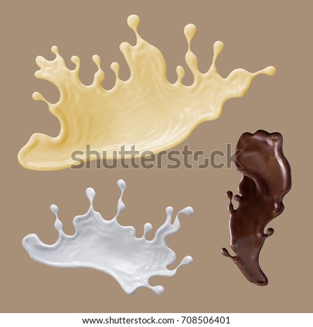 3d render, abstract liquid, milk, chocolate, butter, splash, colorful wavy jets, ingredients set, isolated splashing clip art