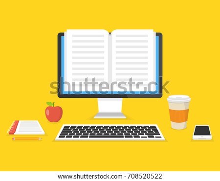 Education, training, online tutorial, e-learning concept. Work place with computer. Flat vector illustration.