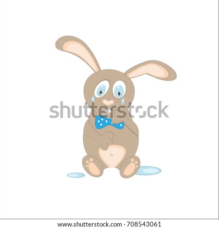  rabbit cartoon on white crying. wearing a bow. vector