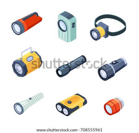 Set of flashlights or torches portable hand-held electric lights realistic vectors isolated on white. Spotlights with a large reflector and LED lamps