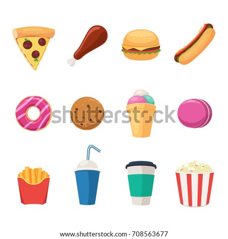 Set of fast food icons: burger, soda, pizza slice, french fries, donut, pop corn, cup of coffee, hot-dog, ice cream and macaron. Vector illustration in cartoon style isolated on white background