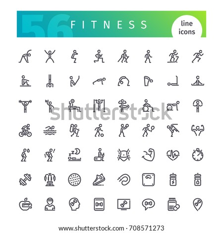 Set of 56 fitness line icons suitable for web, infographics and apps. Isolated on white background. Clipping paths included.