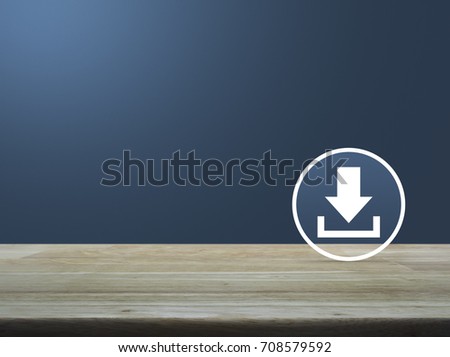 Download icon on wooden table over light gradient blue background, Business internet concept Royalty-Free Stock Photo #708579592