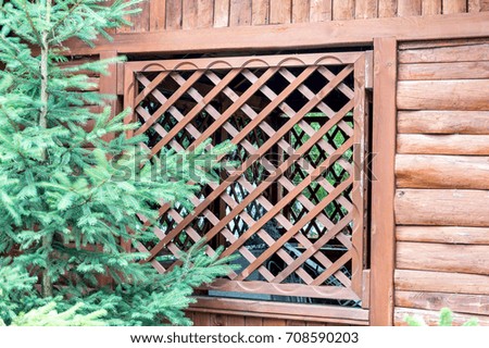 Wooden gazebo in the forest. Close Up.