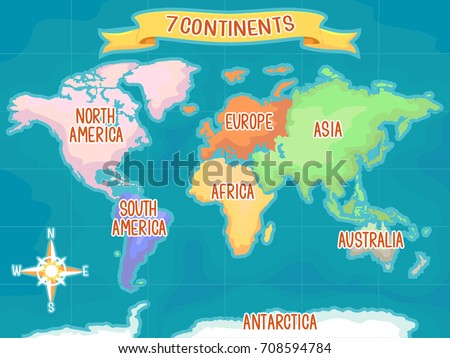 Colorful Illustration Featuring a World Map Highlighting the Seven Continents