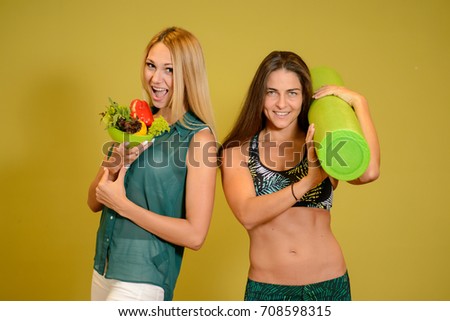 Beautiful sports girls, healthy food and sports