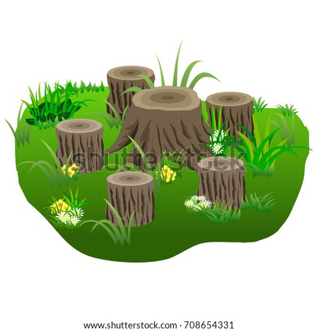 Composition with  tree stubs in grass and flowers  for landscape or garden scenes. Vector illustration