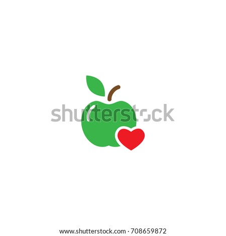 Green apple with red heart icon. Flat pictogram isolated on white. Vector illustration. Healthy food logo. Heart care. Cardio. 