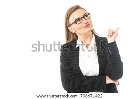 Business woman touching the screen with her finger. Isolated on white