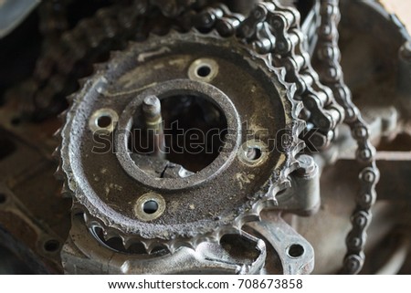 Used Sprockets or gears and chain of the motorcycle 