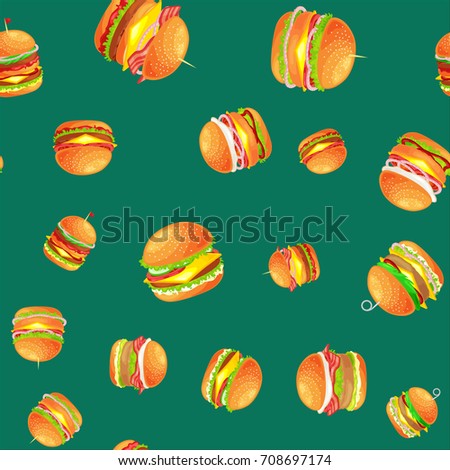 Seamless pattern tasty burger grilled beef and fresh vegetables dressed with sauce bun for snack, american hamburger fast food meal menu barbecue meat vecor illustration background