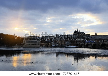 Wonderful view in the  cloudy sky evening before sunset in Prague, Czech Republic