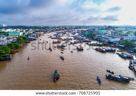 Cai Rang floating market, Can Tho, Vietnam, aerial view. Cai Rang is famous market in mekong delta, Vietnam.  High, Best royalty free stock image,  high resolution