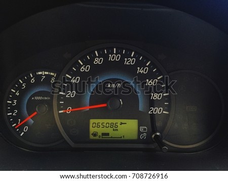 Screen display of vehicle speed and distance. Royalty-Free Stock Photo #708726916