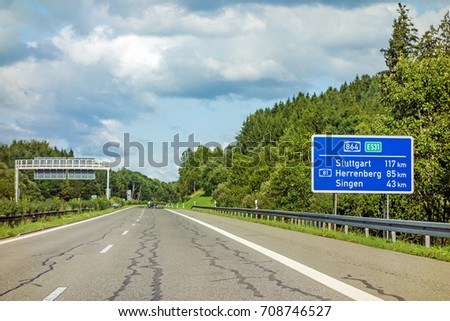 motoway road sign on (Autobahn 81 / A 81 / E 531) showing way to city Stuttgart, Herrenberg and Singen