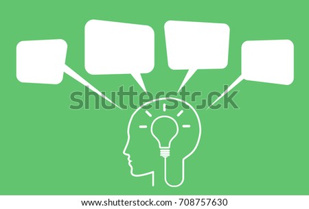 Brainstorm idea. Human heads with Bulb symbol Business. text box, speech bubble. green background
