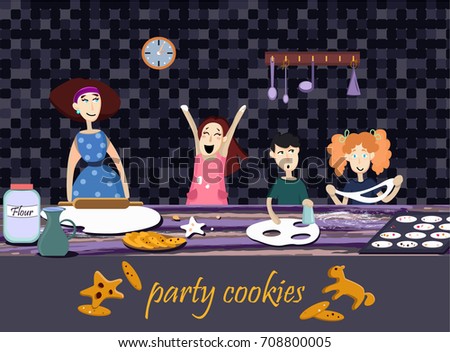A vector illustration of happy family in the kitchen. Mother with children girls and boy are cooking holiday cookies with flour, water, pasrty. Drawing in cartoon style.