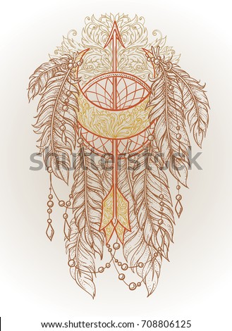 Beautiful dream catcher with feathers, an arrow and a crescent moon