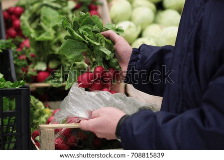 A seller who chooses red radish in the supermarket