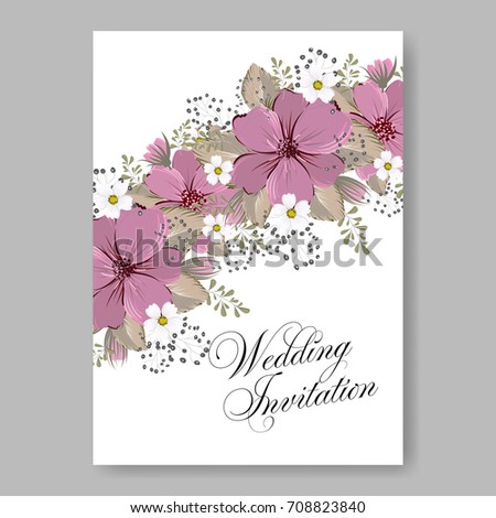 Wedding floral template for invitation card with elegant wreath of maroon flowers of anemone