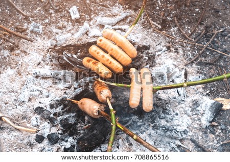 Sausages on sticks are fried on a fire, sunny