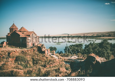 Ancient church in Armenia. Hayravank Monastery on the shore of lake Sevan. Travel destination. Concept of travel and exploration.