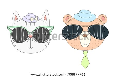 Hand drawn vector illustration of a funny cat and bear in hats and big sunglasses with words Cute and Cool written inside them. Isolated objects on white background. Design concept for children.