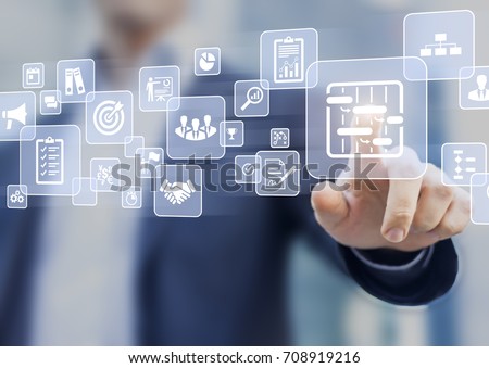 Manager touching AR virtual screen interface button about project management with icons of scheduling, budgeting, communication